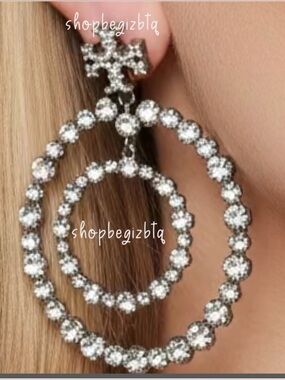 NWT Authentic Gunmetal Crystal Doorknocker Hoop Earrings